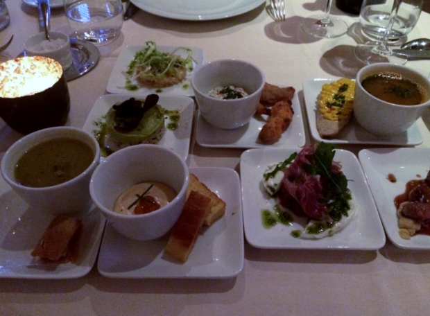 Drouant restaurant starters: 4 treatments of fish and 4 treatments of meat