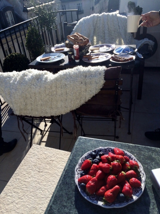 Breakfast terrace at our apartment in the Ile Saint-Louis rooftops, Paris