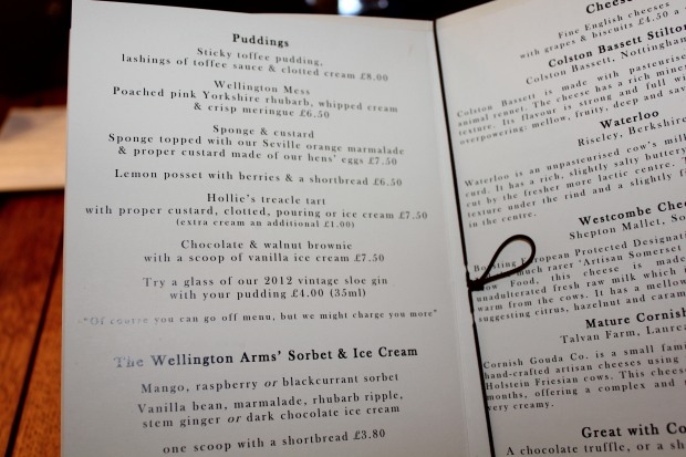Dessert menu at The Wellington Arms in Baughurst 