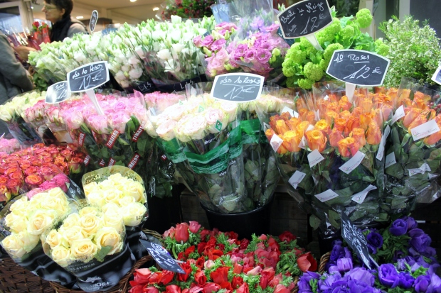 Flowers at Rue Cler food market in the Invalides and Eiffel Tower Quarter, Paris